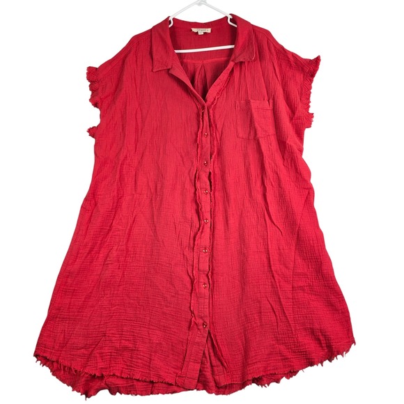 Umgee Dresses & Skirts - Umgee Tunic Shirt Dress Women 2XL Red Gauze Frayed Hem Button Front Western Club